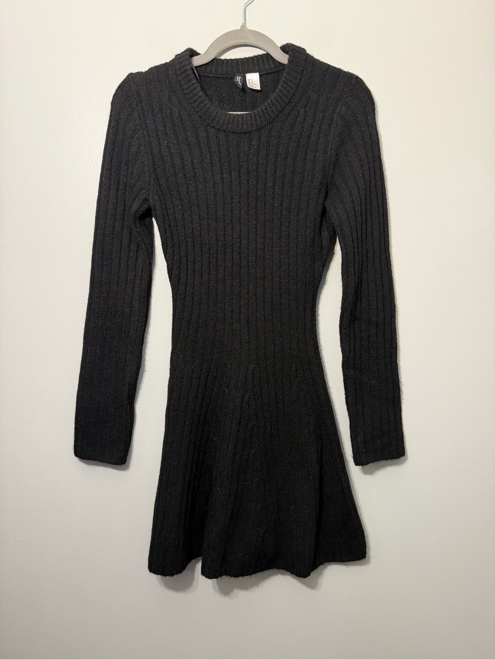 Divided Black Ribbed Knit Long-Sleeve Fit-and-Flare Dress